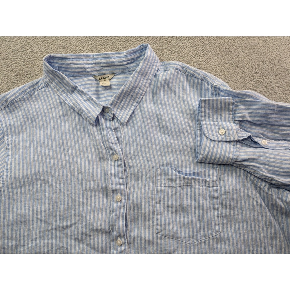 LL Bean 100% Linen Striped Button Down Shirt Blue White 2X Plus 301239